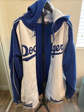 Stitches Blue and White Dodgers Hooded Bomber Jacket